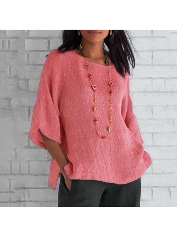 Women's Ladies Fashion Cropped Sleeves Round Neck Cotton Loose Shirt Blouse