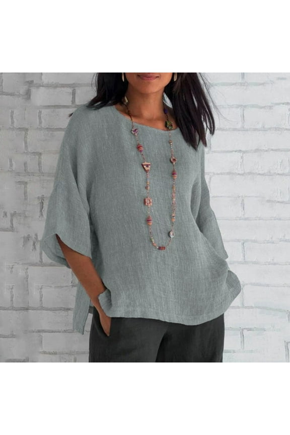 Women's Ladies Fashion Cropped Sleeves Round Neck Cotton Loose Shirt Blouse