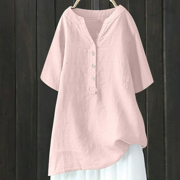 Teissuly Women's Loose And Versatile V-neck Five Quarter Sleeved Cotton Linen Tops Shirt Short Sleeved V-neck Tops/shirt