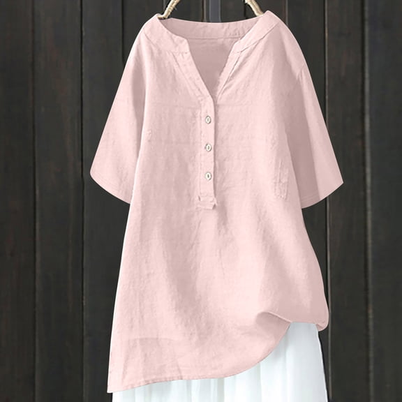 Teissuly Women's Loose And Versatile V-neck Five Quarter Sleeved Cotton Linen Tops Shirt Short Sleeved V-neck Tops/shirt