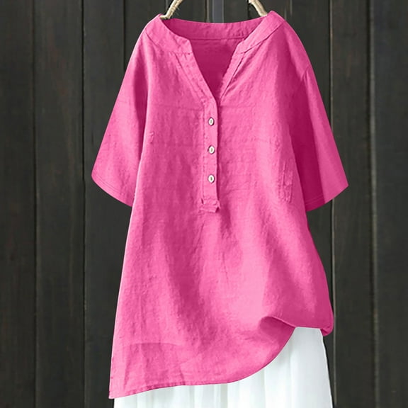 Teissuly Women's Loose And Versatile V-neck Five Quarter Sleeved Cotton Linen Tops Shirt Short Sleeved V-neck Tops/shirt