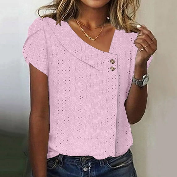 Teissuly Women's Loose Summer Casual Solid Color V-neck Short Sleeved T-shirt Top