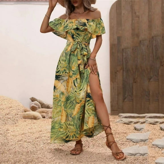 Teissuly Women's New Summer One Line Collar Ruffle Lace Up Waist Cinching Dress Short Sleeved One Line Shoulder And Ankle Dress