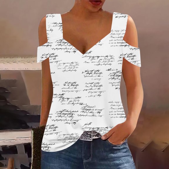 Teissuly Women's Off-the-Shoulder Short Sleeve V-neck Printed Tops