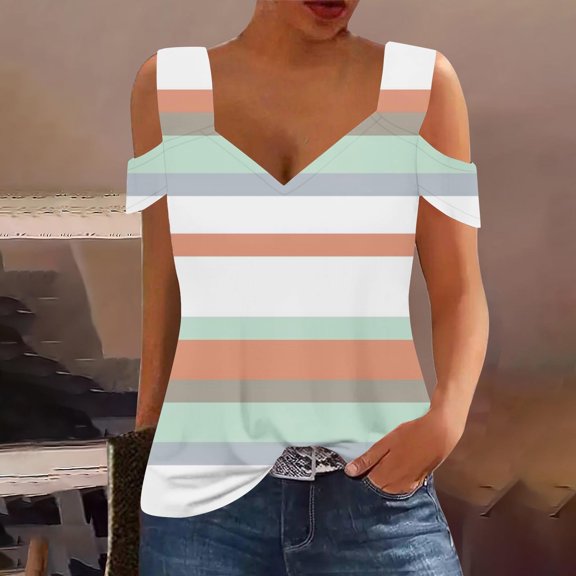 Teissuly Women's Off-the-Shoulder Short Sleeve V-neck Printed Tops