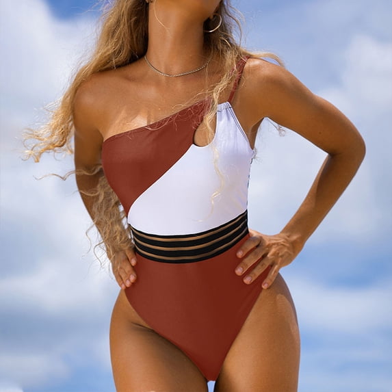 Teissuly Women's One-shoulder Sexy Backless Color-blocking One-piece Bikini One-piece Swimsuit Without Steel Support