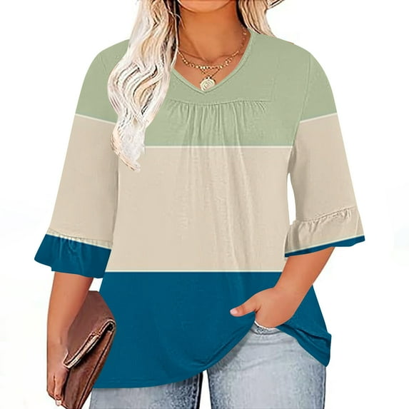 Teissuly Women's Plus Size Top 3/4 Ruffled Sleeve Shirt Casual V-neck Pleated T-shirt Loose Fitting Cotton Shirt