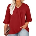 thumbnail image 1 of Teissuly Women's Plus Size Top 3/4 Ruffled Sleeve Shirt Casual V-neck Pleated T-shirt Loose Fitting Cotton Shirt, 1 of 8