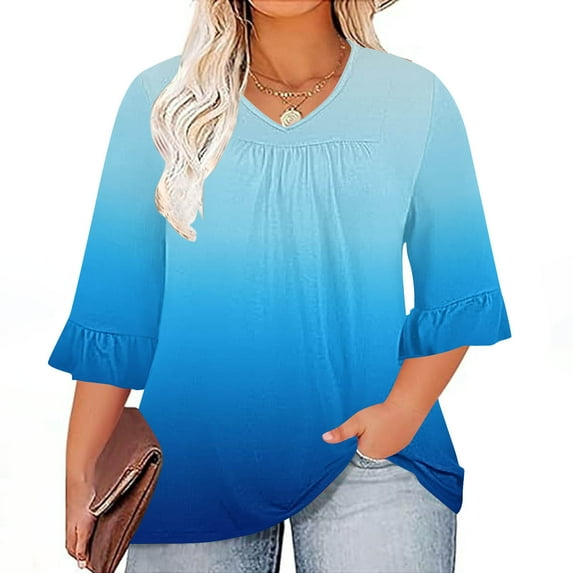 Teissuly Women's Plus Size Top 3/4 Ruffled Sleeve Shirt Casual V-neck Pleated T-shirt Loose Fitting Cotton Shirt