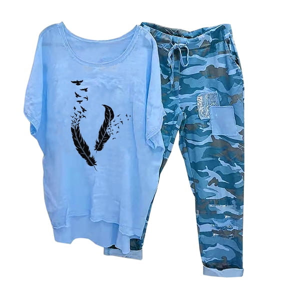 Teissuly Women's Print Crewneck Half Sleeve Pullover Shirt Tops   Pants Trousers Set