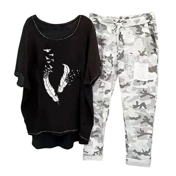 Teissuly Women's Print Crewneck Half Sleeve Pullover Shirt Tops   Pants Trousers Set