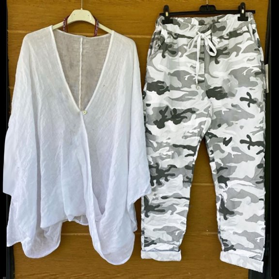 Teissuly Women's Print V-neck Long Sleeve Pullover Shirt Tops   Pants Trousers Set