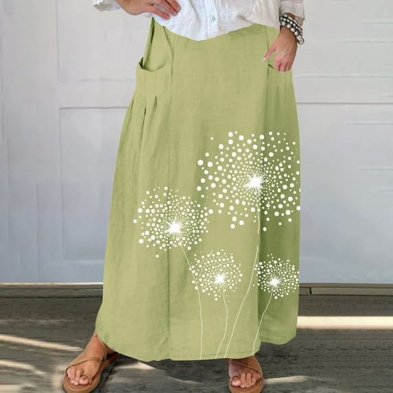 Teissuly Women's Printed Elastic Waistband Pleated Pocket Skirt With Mid Calf Skirt
