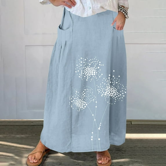 Teissuly Women's Printed Elastic Waistband Pleated Pocket Skirt With Mid Calf Skirt