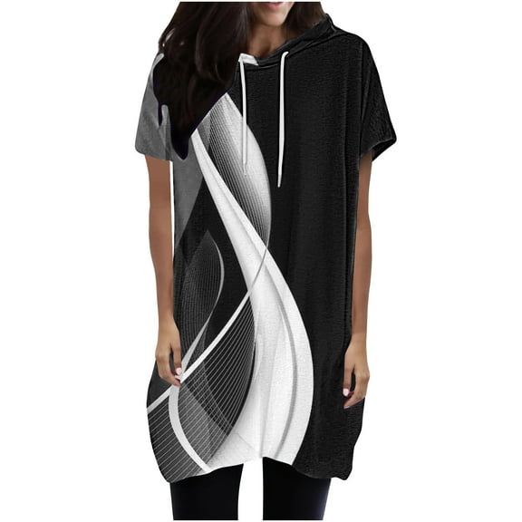 Teissuly Women's Printing Hooded Drawstring Round Neck Short Sleeved T-shirt Loose Top