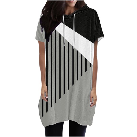 Teissuly Women's Printing Hooded Drawstring Round Neck Short Sleeved T-shirt Loose Top