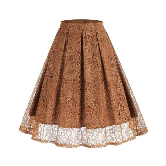 Teissuly Women's Retro Patchwork Solid Color Elegant Lace A-line Skirt