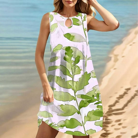 Teissuly Women's Round Neck Sleeveless Gradient Tie Dyed Beach Dress