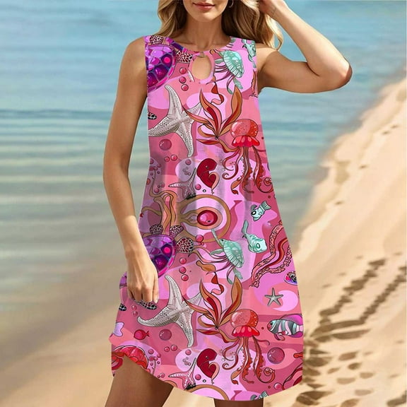 Teissuly Women's Round Neck Sleeveless Gradient Tie Dyed Beach Dress