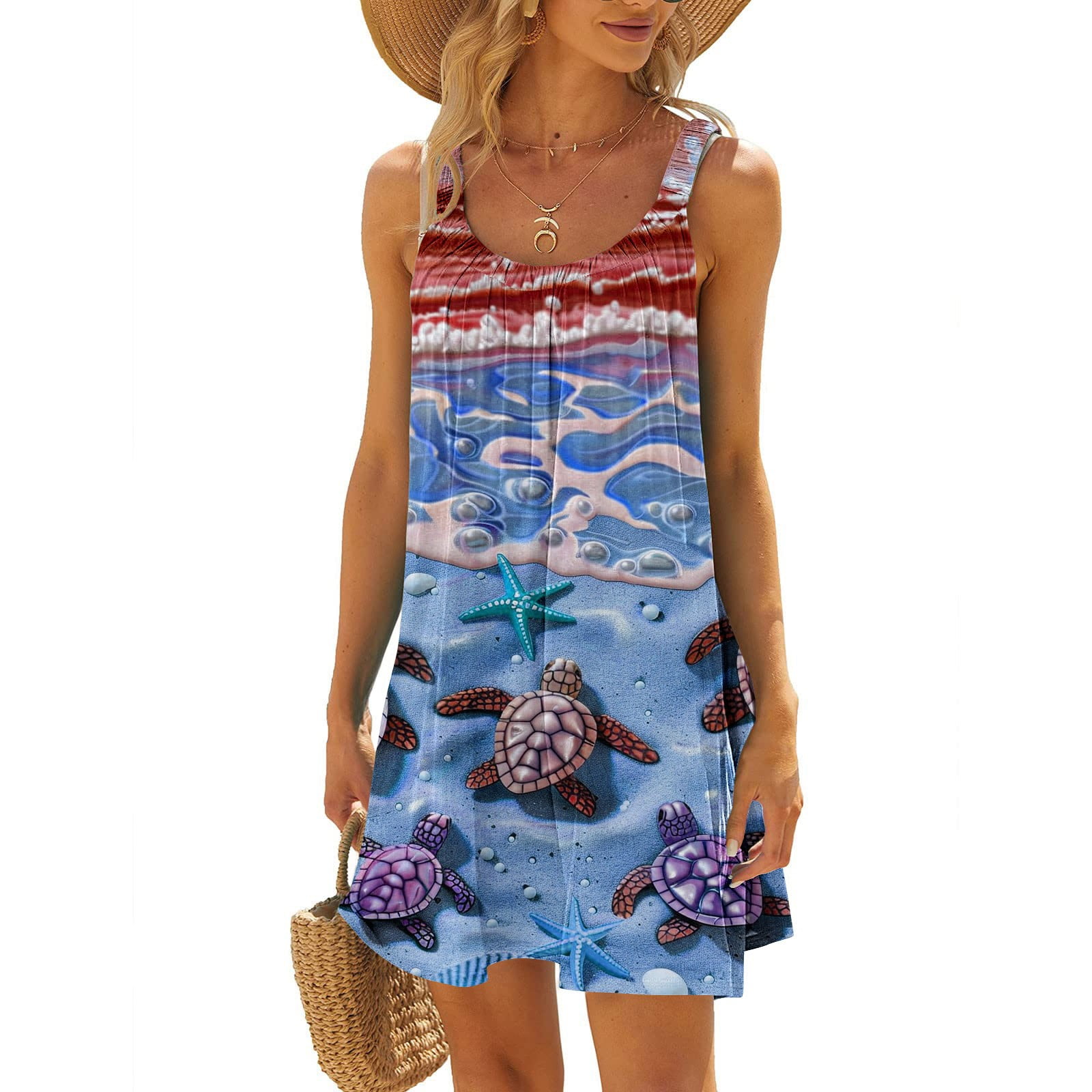 Women's Round Neck Sleeveless Sea Turtle Print Bohemian Beach Dress
