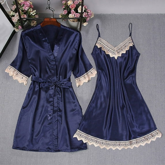 Teissuly Women's Satins Silk Lace Nightwear Dress Robe Two-Piece Pajamas Sets Homewear