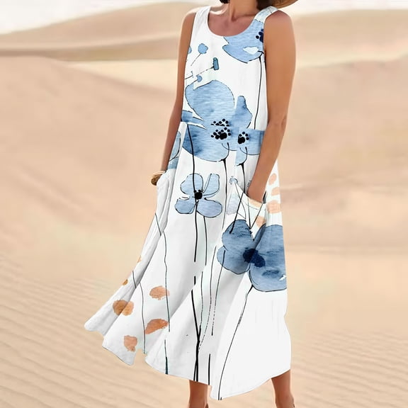 Teissuly Women's Sleeveless Cotton And Linen Round Neck Printed Long Dress With Pocket
