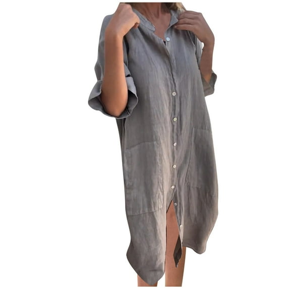 Teissuly Women's Solid Color Button With Pockets Short Sleeved V-neck Standing Collar Midi Shirt Dress
