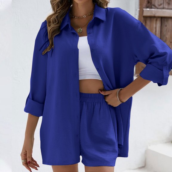 Teissuly Women's Solid Turndown Collar Long Sleeve Shirt Blouse Shorts Pants Set