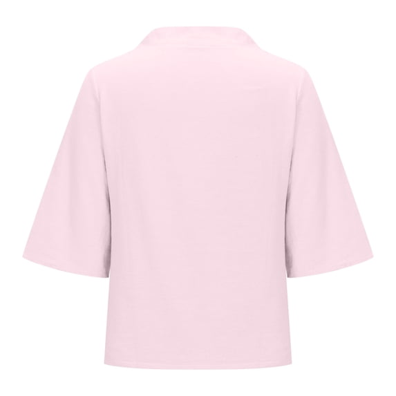 Teissuly Women's Solid V-neck Cotton Linen Short Sleeved Solid Color T-shirt Cotton Linen Top Style Large Short Sleeved V-neck Top Short Sleeved V-neck Top/shirt