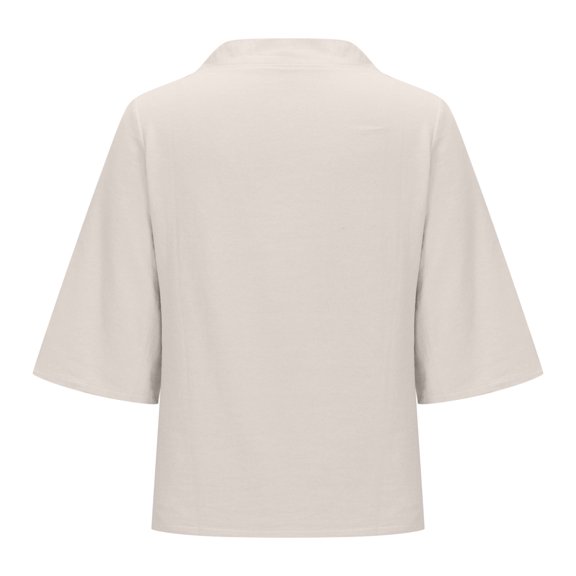 Teissuly Women's Solid V-neck Cotton Linen Short Sleeved Solid Color T-shirt Cotton Linen Top Style Large Short Sleeved V-neck Top Short Sleeved V-neck Top/shirt