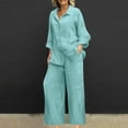 thumbnail image 1 of Teissuly Women's Spring And Summer V-neck Loose Lapel Long Sleeved Shirt Wide Leg Pants Color Set, 1 of 4