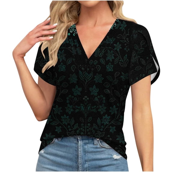 Teissuly Women's Summer Casual V-neck Short Sleeved T-shirt Lace Printed Top T-shirt Short Sleeved V-neck Top/shirt