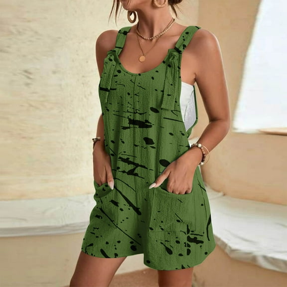 Teissuly Women's Summer Comfortable Casual Suspender Printing Shorts Pocket Jumpsuit Shorts