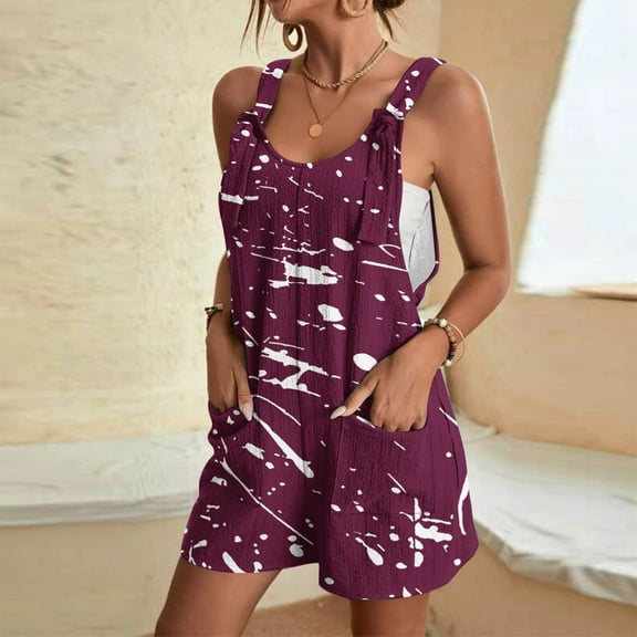Teissuly Women's Summer Comfortable Casual Suspender Printing Shorts Pocket Jumpsuit Shorts