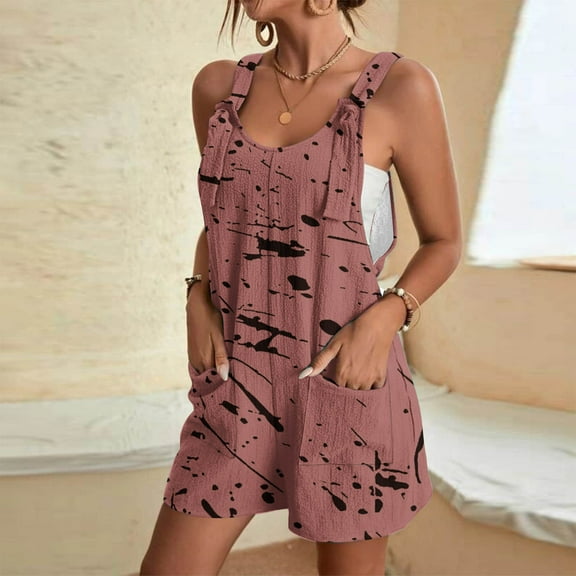 Teissuly Women's Summer Comfortable Casual Suspender Printing Shorts Pocket Jumpsuit Shorts
