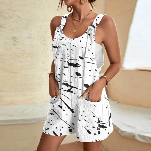Teissuly Women's Summer Comfortable Casual Suspender Printing Shorts Pocket Jumpsuit Shorts