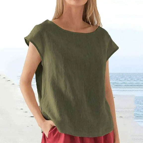 Teissuly Women's Summer Fashion Cropped Sleeves Lapel V-Neck Cotton Line Loose Shirt Blouse