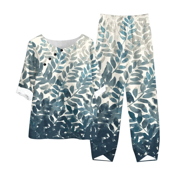 Teissuly Women's Summer Printed Short Sleeve Half Sleeve Round Neck Cropped Top Casual Pants Suit Set Two Piece Set