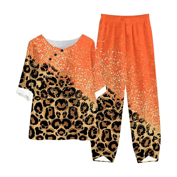 Teissuly Women's Summer Printed Short Sleeve Half Sleeve Round Neck Cropped Top   Casual Pants Suit Set Two Piece Set