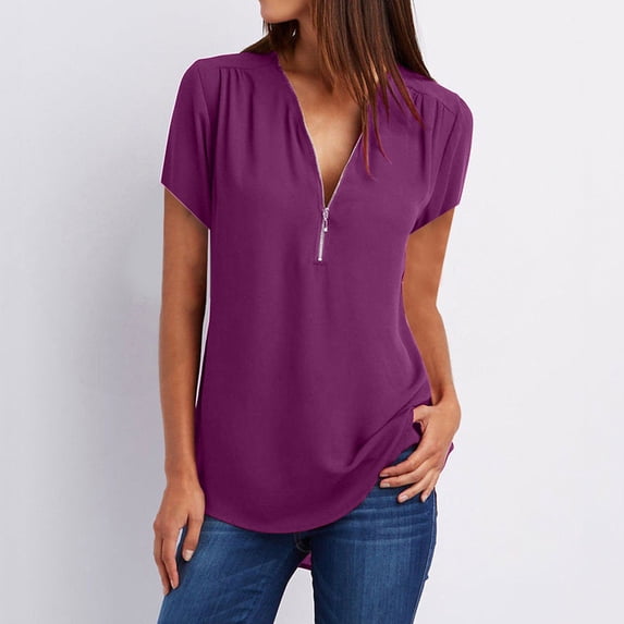 Teissuly Women's Summer Short Sleeve Zip Casual Tunic V-Neck Rollable Blouse Tops