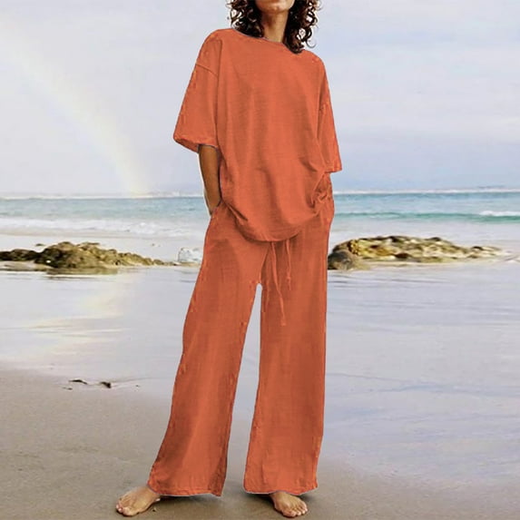 Teissuly Women's Summer Suit Fashion Short Sleeve Solid Color Trousers Casual Two-Piece Suit