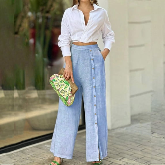 Teissuly Women's Summer Suit Fashion Solid Color Long Sleeve Trousers Casual Two-Piece Suit