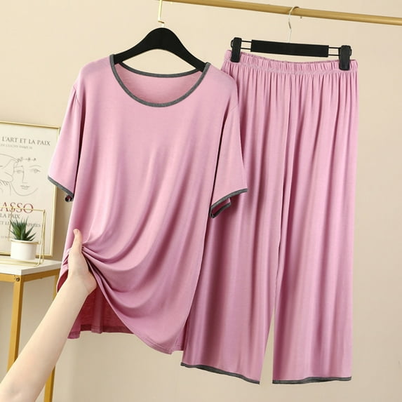 Teissuly Women's Thin Pajamas Loose Casual Ice Silk Short Sleeved Capris Home Clothing Set