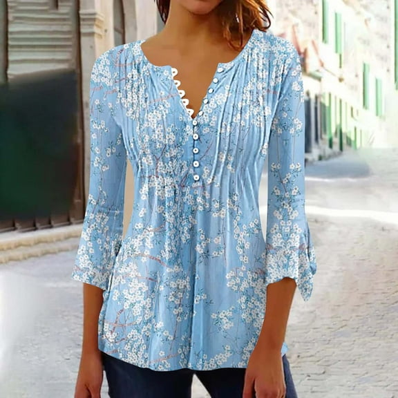 Teissuly Women's V-Neck Casual Trumpet 3/4 Sleeve Printed Buttoned Basic Ruched Corset Tunic Tops Pleated T-shirts Blouses