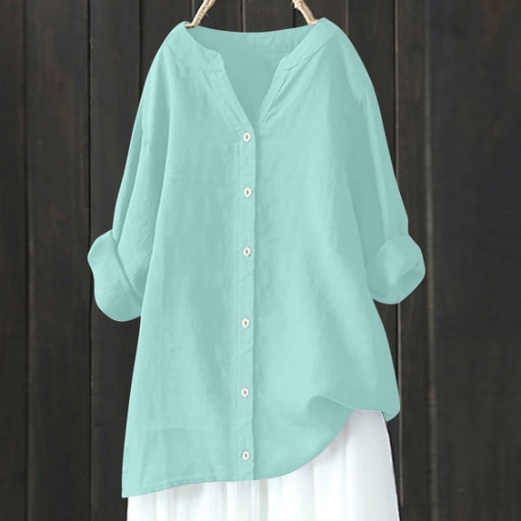 Teissuly Women's V-Neck Long Sleeve Loose Button Cotton And Linen Tunic Summer Blouse