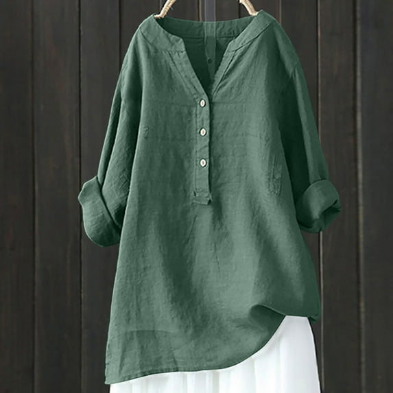 Teissuly Women's V-Neck Long Sleeve Loose Button Cotton And Linen Tunic Summer Blouse