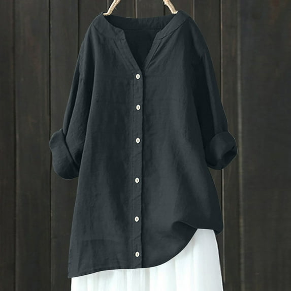 Teissuly Women's V-Neck Long Sleeve Loose Button Cotton And Linen Tunic Summer Blouse