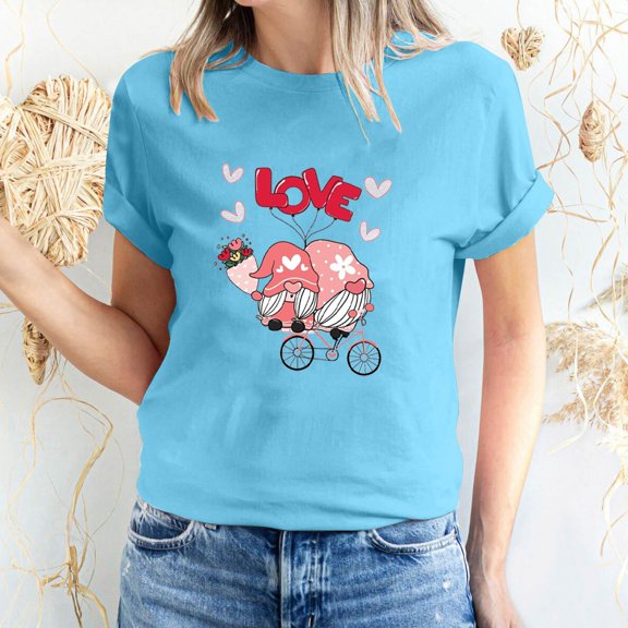 Teissuly Women's Valentine's Day Love Printed Short Sleeved T-shirt Top Short Sleeved Round Neck Top/Shirt