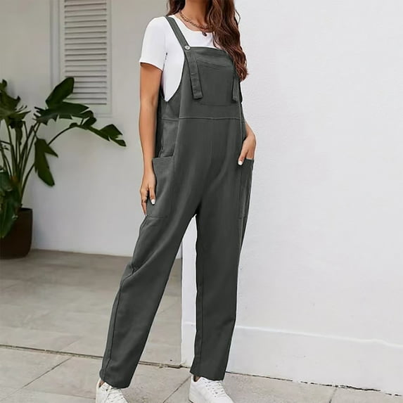 Teissuly Women's Wide Leg Jumpsuits Plus Size Button Suspender Overalls Loose With Pockets
