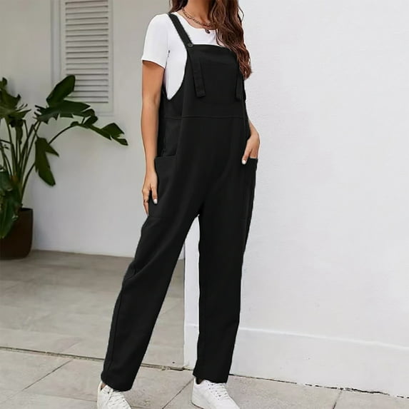 Teissuly Women's Wide Leg Jumpsuits Plus Size Button Suspender Overalls Loose With Pockets